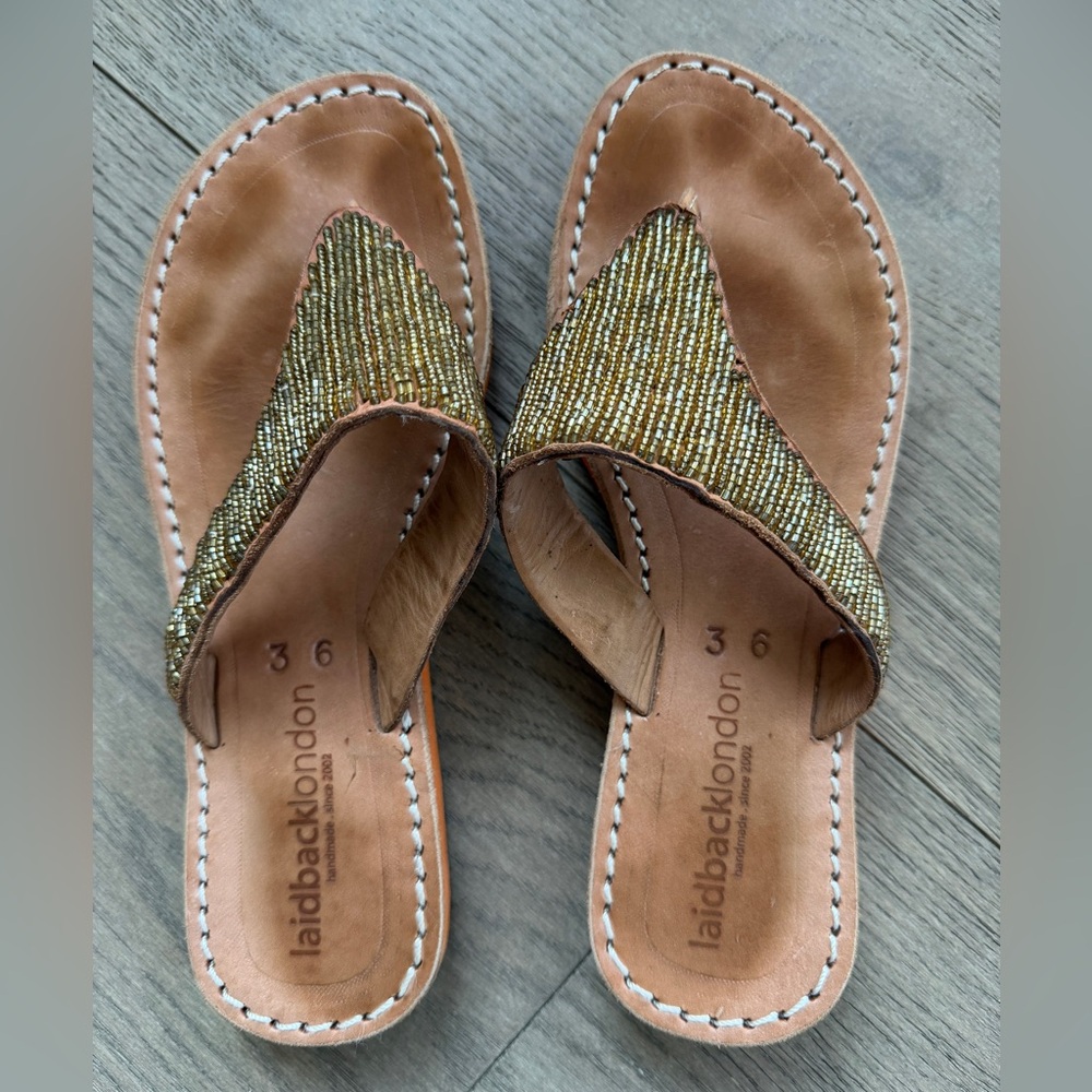 Laidback London Craine Gold beaded thong slide sandals